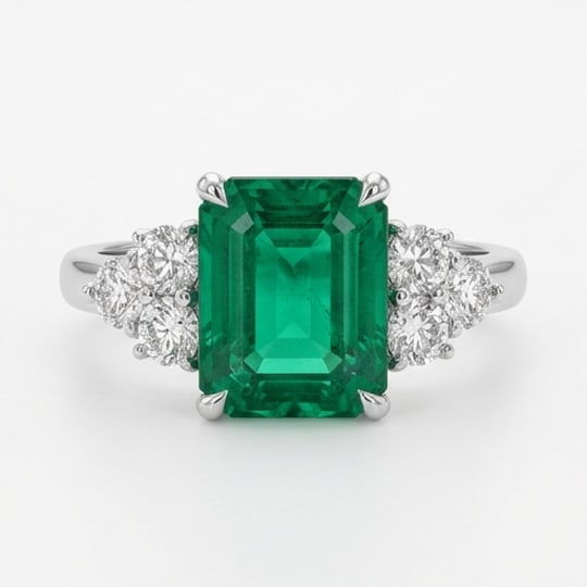 10.00 CT Emerald Lab-Grown Ring in White Gold: An exceptional 10.00 carat lab-grown emerald ring, expertly crafted in luxurious White Gold. The emerald cut with triangular diamond side clusters design highlights the brilliance of the lab-grown