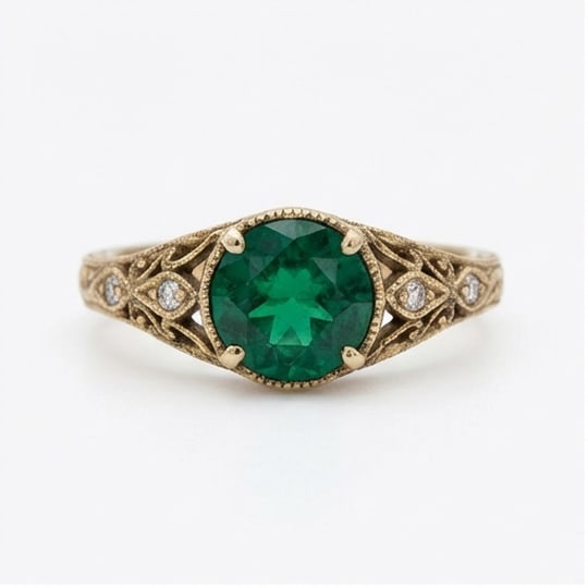 5.00 CT Emerald Lab-Grown Ring in Yellow Gold: An exceptional 5.00 carat lab-grown emerald ring, expertly crafted in luxurious Yellow Gold. The round cut with vintage filigree and bezel setting design highlights the brilliance of the lab-grown