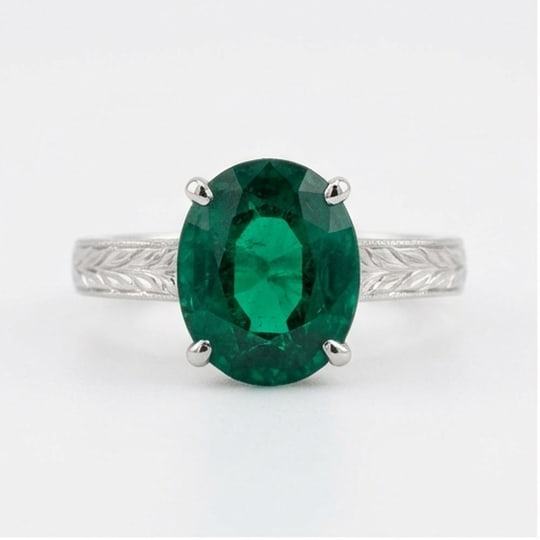 5.00 CT Emerald Lab-Grown Ring in White Gold: An exceptional 5.00 carat lab-grown emerald ring, expertly crafted in luxurious White Gold. The oval cut with vintage wheat-pattern engraved band design highlights the brilliance of the lab-grown