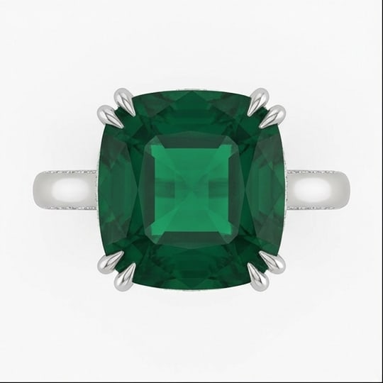 10.00 CT Emerald Lab-Grown Ring in White Gold: An exceptional 10.00 carat lab-grown emerald ring, expertly crafted in luxurious White Gold. The cushion cut classic solitaire design highlights the brilliance of the lab-grown center stone, accented