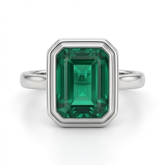 10.00 CT Emerald Lab-Grown Ring in White Gold: An exceptional 10.00 carat lab-grown emerald ring, expertly crafted in luxurious White Gold. The emerald cut in step bezel setting design highlights the brilliance of the lab-grown center stone,