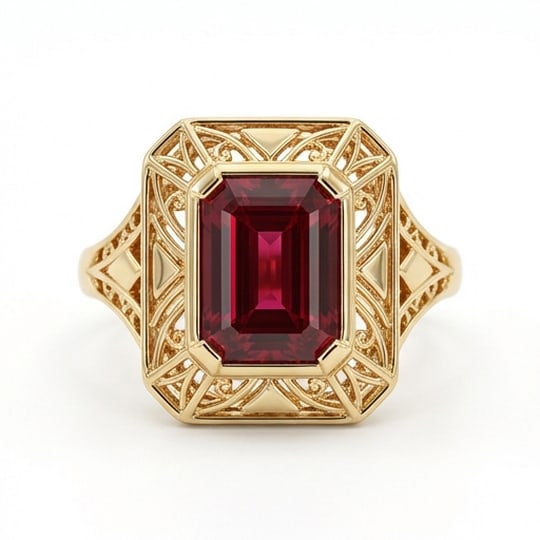 5.00 CT Ruby Lab-Grown Ring in Yellow Gold: An exceptional 5.00 carat lab-grown ruby ring, expertly crafted in luxurious Yellow Gold. The emerald cut in intricate art deco rectangle setting design highlights the brilliance of the lab-grown