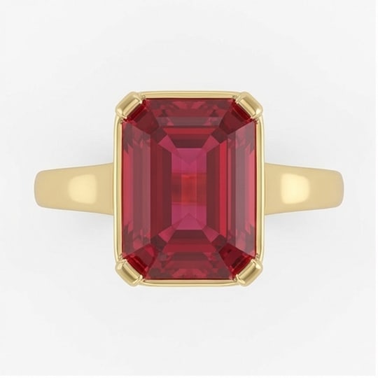 10.00 CT Ruby Lab-Grown Ring in Yellow Gold: An exceptional 10.00 carat lab-grown ruby ring, expertly crafted in luxurious Yellow Gold. The emerald cut classic solitaire design highlights the brilliance of the lab-grown center stone, accented