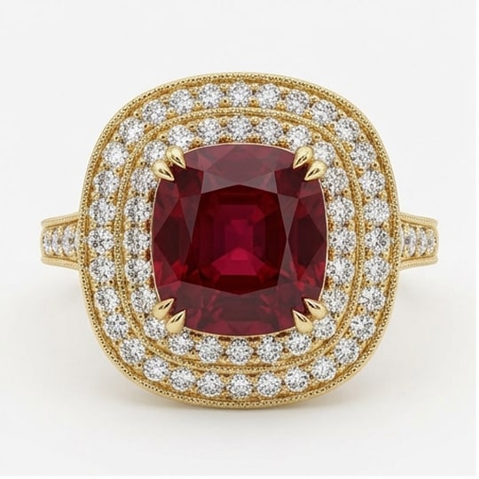 5.00 CT Ruby Lab-Grown Ring in Yellow Gold: An exceptional 5.00 carat lab-grown ruby ring, expertly crafted in luxurious Yellow Gold. The cushion cut with double diamond halo design highlights the brilliance of the lab-grown center stone, accen