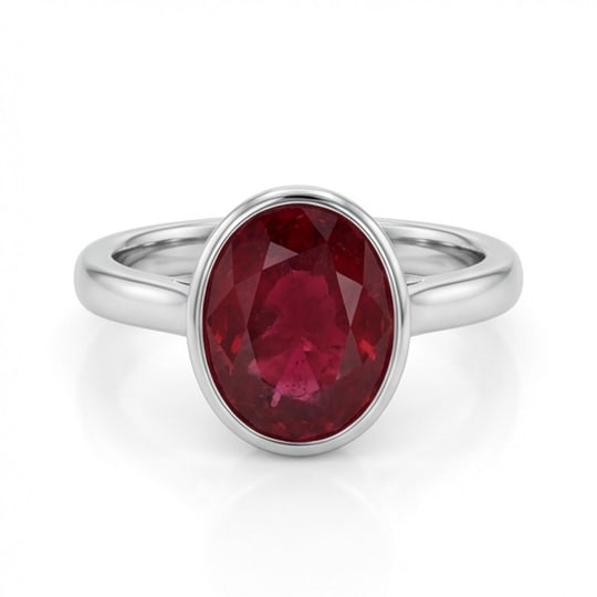 5.00 CT Ruby Lab-Grown Ring in White Gold: An exceptional 5.00 carat lab-grown ruby ring, expertly crafted in luxurious White Gold. The oval cut bezel set modern solitaire design highlights the brilliance of the lab-grown center stone, accente