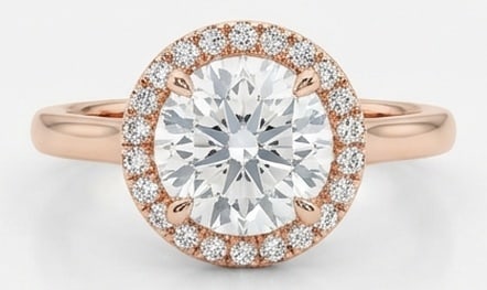 5.00 CT Lab grown diamond Lab-Grown Ring in Rose Gold: An exceptional 5.00 carat lab-grown lab grown diamond ring, expertly crafted in luxurious Rose Gold. The round cut with halo design highlights the brilliance of the lab-grown center stone, accented