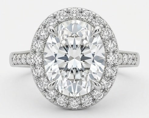 8.00 CT Lab grown diamond Lab-Grown Ring in White Gold: An exceptional 8.00 carat lab-grown lab grown diamond ring, expertly crafted in luxurious White Gold. The oval cut with halo and pavé band design highlights the brilliance of the lab-grown