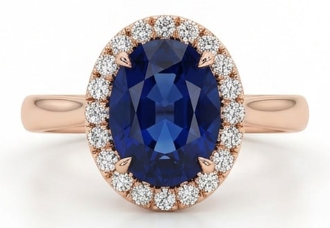 5.00 CT Sapphire Lab-Grown Ring in Rose Gold: An exceptional 5.00 carat lab-grown sapphire ring, expertly crafted in luxurious Rose Gold. The oval cut with halo design highlights the brilliance of the lab-grown center stone, accented with lab-gro