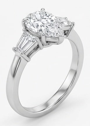 5.00 CT Lab grown diamond Lab-Grown Ring in White Gold: An exceptional 5.00 carat lab-grown lab grown diamond ring, expertly crafted in luxurious White Gold. The pear shape with tapered baguette side stones design highlights the brilliance of the