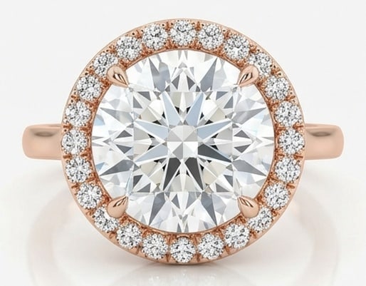 8.00 CT Lab grown diamond Lab-Grown Ring in Rose Gold: An exceptional 8.00 carat lab-grown lab grown diamond ring, expertly crafted in luxurious Rose Gold. The round cut with classic halo design highlights the brilliance of the lab-grown center stone,