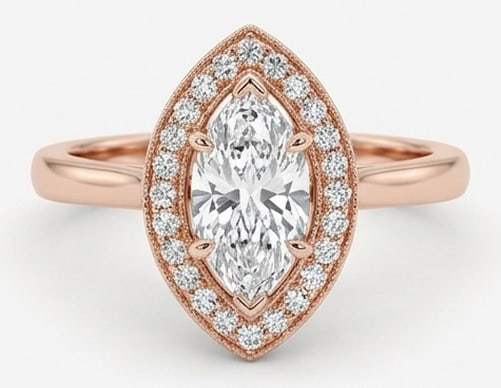 3.00 CT Lab grown diamond Lab-Grown Ring in Rose Gold: An exceptional 3.00 carat lab-grown lab grown diamond ring, expertly crafted in luxurious Rose Gold. The marquise cut with classic halo design highlights the brilliance of the lab-grown center stone,