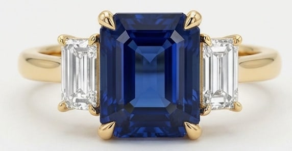 10.00 CT Sapphire Lab-Grown Ring in Yellow Gold: An exceptional 10.00 carat lab-grown sapphire ring, expertly crafted in luxurious Yellow Gold. The emerald cut with emerald cut side stones (three-stone) design highlights the brilliance of the lab-gr