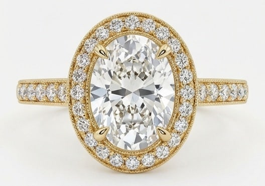 4.00 CT Lab grown diamond Lab-Grown Ring in Yellow Gold: An exceptional 4.00 carat lab-grown lab grown diamond ring, expertly crafted in luxurious Yellow Gold. The oval cut with halo and pavé band design highlights the brilliance of the lab-grown cente