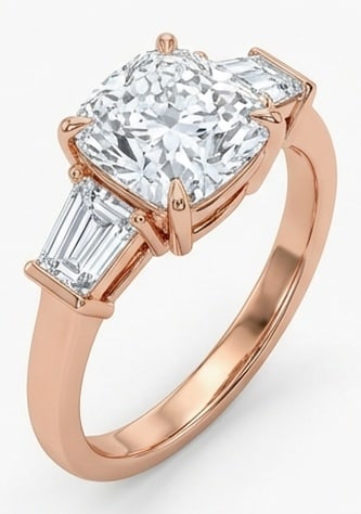 6.00 CT Lab grown diamond Lab-Grown Ring in Rose Gold: An exceptional 6.00 carat lab-grown lab grown diamond ring, expertly crafted in luxurious Rose Gold. The cushion cut with trapezoid side stones design highlights the brilliance of the lab-grown center