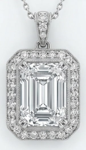 4.00 CT Lab grown diamond Lab-Grown Pendent in White Gold: An exceptional 4.00 carat lab-grown lab grown diamond pendent, expertly crafted in luxurious White Gold. The emerald cut with vintage octagonal halo design highlights the brilliance of the lab-grown c
