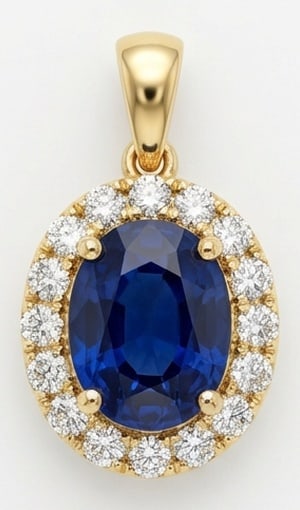 5.00 CT Sapphire Lab-Grown Pendent in Yellow Gold: An exceptional 5.00 carat lab-grown sapphire pendent, expertly crafted in luxurious Yellow Gold. The oval cut with diamond halo design highlights the brilliance of the lab-grown center stone, accented
