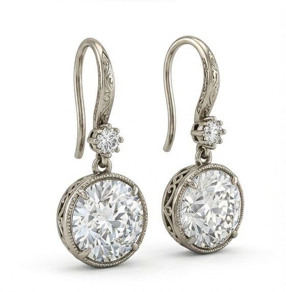 3.00 CT Lab grown diamond Lab-Grown Earring in White Gold: An exceptional 3.00 carat lab-grown lab grown diamond earring, expertly crafted in luxurious White Gold. The round cut vintage drop style design highlights the brilliance of the lab-grown center stone