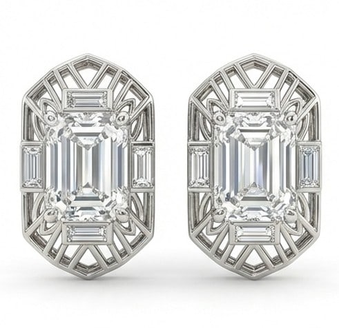 3.00 CT Lab grown diamond Lab-Grown Earring in White Gold: An exceptional 3.00 carat lab-grown lab grown diamond earring, expertly crafted in luxurious White Gold. The emerald cut art deco geometric studs design highlights the brilliance of the lab-grown cent