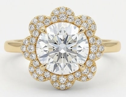 4.00 CT Lab grown diamond Lab-Grown Ring in Yellow Gold: An exceptional 4.00 carat lab-grown lab grown diamond ring, expertly crafted in luxurious Yellow Gold. The round cut with floral scalloped halo design highlights the brilliance of the lab-grown center