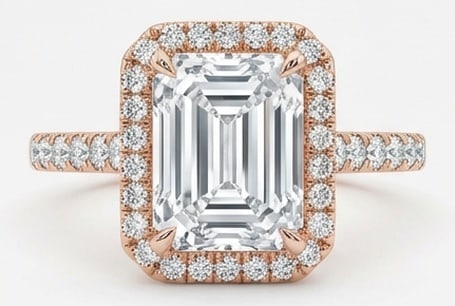 5.00 CT Lab grown diamond Lab-Grown Ring in Rose Gold: An exceptional 5.00 carat lab-grown lab grown diamond ring, expertly crafted in luxurious Rose Gold. The emerald cut with halo and pavé band design highlights the brilliance of the lab-grown cent