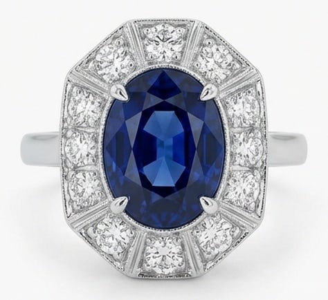 5.00 CT Sapphire Lab-Grown Ring in White Gold: An exceptional 5.00 carat lab-grown sapphire ring, expertly crafted in luxurious White Gold. The oval cut with vintage art deco geometric halo design highlights the brilliance of the lab-grown center