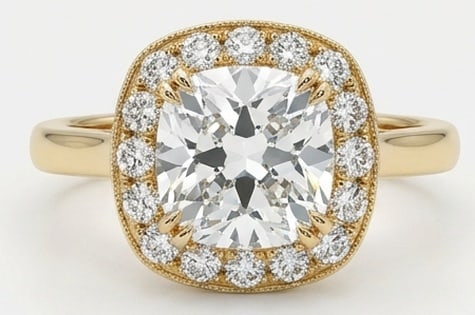 4.00 CT Lab grown diamond Lab-Grown Ring in Yellow Gold: An exceptional 4.00 carat lab-grown lab grown diamond ring, expertly crafted in luxurious Yellow Gold. The cushion cut with halo and milgrain edge design highlights the brilliance of the lab-grown cen