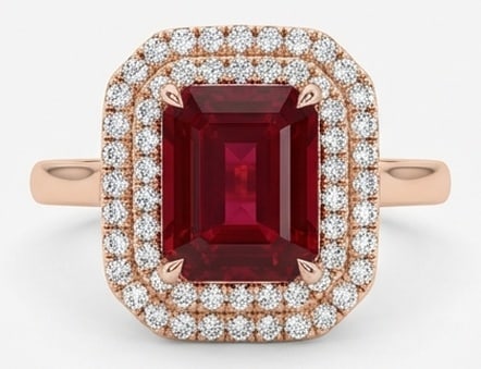 10.00 CT Ruby Lab-Grown Ring in Rose Gold: An exceptional 10.00 carat lab-grown ruby ring, expertly crafted in luxurious Rose Gold. The emerald cut with double halo design highlights the brilliance of the lab-grown center stone, accented with
