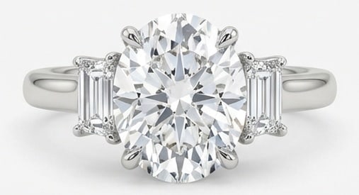 7.00 CT Lab grown diamond Lab-Grown Ring in White Gold: An exceptional 7.00 carat lab-grown lab grown diamond ring, expertly crafted in luxurious White Gold. The oval cut with baguette side stones (three-stone) design highlights the brilliance of the lab-g