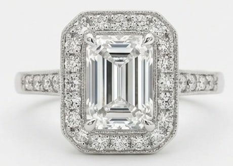 4.00 CT Lab grown diamond Lab-Grown Ring in White Gold: An exceptional 4.00 carat lab-grown lab grown diamond ring, expertly crafted in luxurious White Gold. The emerald cut with geometric halo design highlights the brilliance of the lab-grown center stone