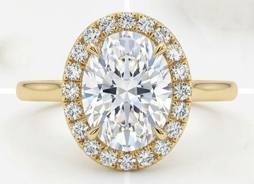 5.00 CT Lab grown diamond Lab-Grown Ring in Yellow Gold: An exceptional 5.00 carat lab-grown lab grown diamond ring, expertly crafted in luxurious Yellow Gold. The oval cut with classic halo design highlights the brilliance of the lab-grown center stone, ac