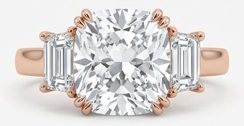 6.00 CT Lab grown diamond Lab-Grown Ring in Rose Gold: An exceptional 6.00 carat lab-grown lab grown diamond ring, expertly crafted in luxurious Rose Gold. The cushion cut with emerald cut side stones (three-stone) design highlights the brilliance of the