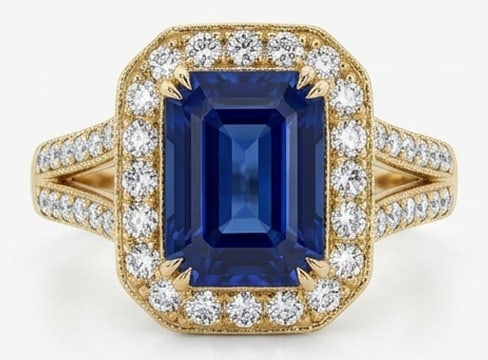 10.00 CT Sapphire Lab-Grown Ring in Yellow Gold: An exceptional 10.00 carat lab-grown sapphire ring, expertly crafted in luxurious Yellow Gold. The emerald cut with halo and split shank design highlights the brilliance of the lab-grown center stone,