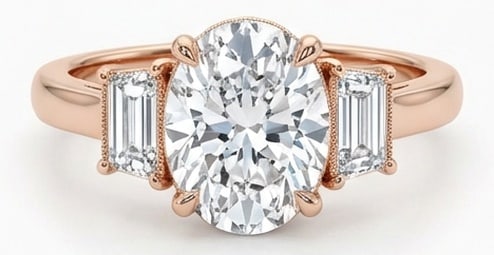 5.00 CT Lab grown diamond Lab-Grown Ring in Rose Gold: An exceptional 5.00 carat lab-grown lab grown diamond ring, expertly crafted in luxurious Rose Gold. The oval cut with emerald cut side stones vintage style design highlights the brilliance of the lab