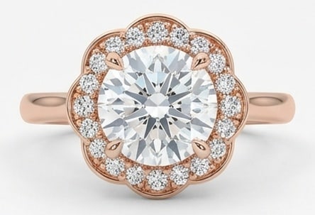 5.00 CT Lab grown diamond Lab-Grown Ring in Rose Gold: An exceptional 5.00 carat lab-grown lab grown diamond ring, expertly crafted in luxurious Rose Gold. The round cut with floral scalloped halo design highlights the brilliance of the lab-grown center s