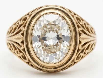 4.00 CT Lab grown diamond Lab-Grown Ring in Yellow Gold: An exceptional 4.00 carat lab-grown lab grown diamond ring, expertly crafted in luxurious Yellow Gold. The oval cut bezel set with vintage filigree shoulders design highlights the brilliance of the la