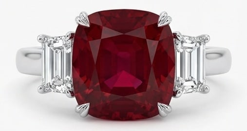 10.00 CT Ruby Lab-Grown Ring in White Gold: An exceptional 10.00 carat lab-grown ruby ring, expertly crafted in luxurious White Gold. The cushion cut with emerald cut side stones (three-stone) design highlights the brilliance of the lab-grown c