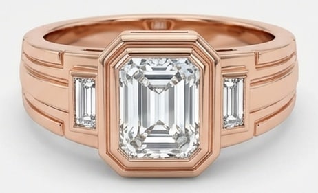 3.00 CT Lab grown diamond Lab-Grown Ring in Rose Gold: An exceptional 3.00 carat lab-grown lab grown diamond ring, expertly crafted in luxurious Rose Gold. The emerald cut bezel set in geometric wide band with accents design highlights the brilliance of t
