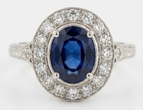 5.00 CT Sapphire Lab-Grown Ring in White Gold: An exceptional 5.00 carat lab-grown sapphire ring, expertly crafted in luxurious White Gold. The vintage-style oval sapphire with halo and milgrain detailing design highlights the brilliance of the la