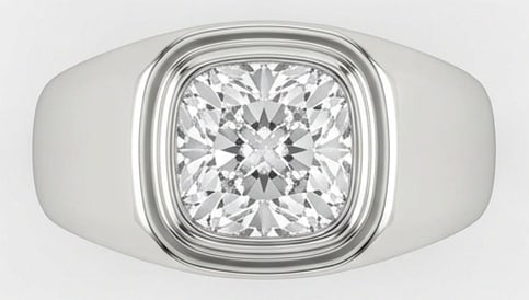 4.00 CT Lab Grown Diamond Lab-Grown Ring in White Gold: An exceptional 4.00 carat lab-grown lab grown diamond ring, expertly crafted in luxurious White Gold. The cushion cut solitaire in a thick bezel setting (signet/gypsy style) design highlights the bril