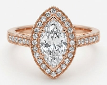3.00 CT Lab Grown Diamond Lab-Grown Ring in Rose Gold: An exceptional 3.00 carat lab-grown lab grown diamond ring, expertly crafted in luxurious Rose Gold. The marquise cut with halo and milgrain bezel setting design highlights the brilliance of the lab-g