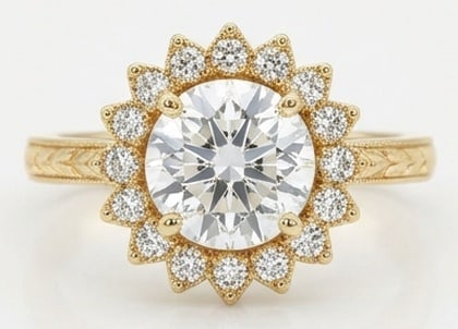 4.00 CT Lab Grown Diamond Lab-Grown Ring in Yellow Gold: An exceptional 4.00 carat lab-grown lab grown diamond ring, expertly crafted in luxurious Yellow Gold. The round cut with a starburst/floral halo and engraved band design highlights the brilliance of