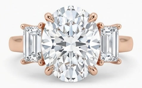 6.00 CT Lab Grown Diamond Lab-Grown Ring in Rose Gold: An exceptional 6.00 carat lab-grown lab grown diamond ring, expertly crafted in luxurious Rose Gold. The oval cut solitaire with emerald cut side stones (three-stone style) design highlights the brill