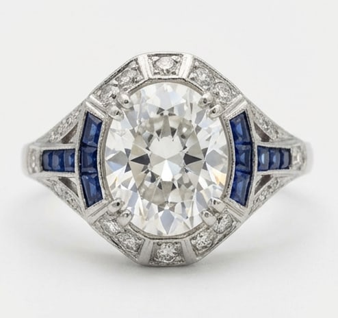 6.00 CT Lab Grown Diamond Lab-Grown Ring in White Gold: An exceptional 6.00 carat lab-grown lab grown diamond ring, expertly crafted in luxurious White Gold. The art deco style oval cut with geometric blue sapphire side stones design highlights the brillia