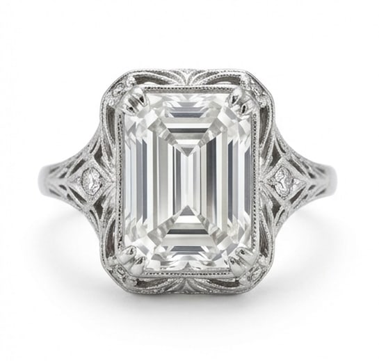 7.00 CT Lab Grown Diamond Lab-Grown Ring in White Gold: An exceptional 7.00 carat lab-grown lab grown diamond ring, expertly crafted in luxurious White Gold. The emerald cut in a vintage filigree setting with diamond accents design highlights the brillianc