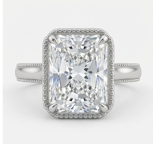 10.00 CT Lab Grown Diamond Lab-Grown Ring in White Gold: An exceptional 10.00 carat lab-grown lab grown diamond ring, expertly crafted in luxurious White Gold. The radiant cut in a bezel setting with milgrain detailing design highlights the brilliance of th