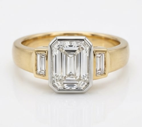 6.00 CT Lab Grown Diamond Lab-Grown Ring in Yellow Gold: An exceptional 6.00 carat lab-grown lab grown diamond ring, expertly crafted in luxurious Yellow Gold. The emerald cut bezel set with baguette side stones (three-stone) design highlights the brillianc