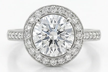 4.00 CT Lab Grown Diamond Lab-Grown Ring in White Gold: An exceptional 4.00 carat lab-grown lab grown diamond ring, expertly crafted in luxurious White Gold. The round cut bezel set with diamond halo and pavé band design highlights the brilliance of t