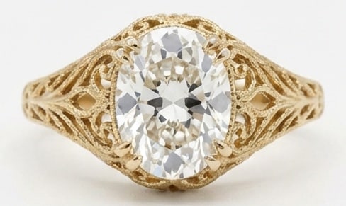 6.00 CT Lab Grown Diamond Lab-Grown Ring in Yellow Gold: An exceptional 6.00 carat lab-grown lab grown diamond ring, expertly crafted in luxurious Yellow Gold. The oval cut in an intricate vintage gold filigree setting design highlights the brilliance of th