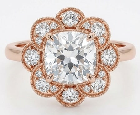 5.00 CT Lab Grown Diamond Lab-Grown Ring in Rose Gold: An exceptional 5.00 carat lab-grown lab grown diamond ring, expertly crafted in luxurious Rose Gold. The cushion cut with a scalloped floral diamond halo design highlights the brilliance of the lab-gr