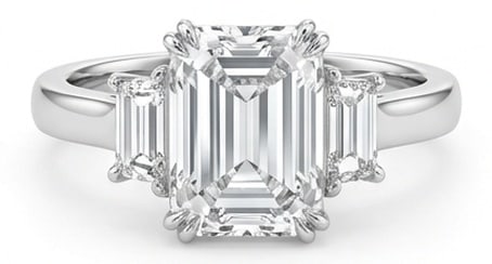 8.00 CT Lab Grown Diamond Lab-Grown Ring in White Gold: An exceptional 8.00 carat lab-grown lab grown diamond ring, expertly crafted in luxurious White Gold. The emerald cut three-stone with trapezoid side stones design highlights the brilliance of the lab